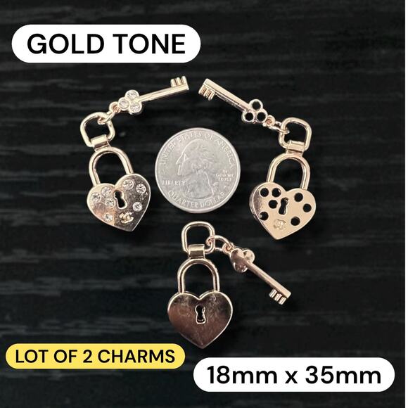 Jewelry - Lot of 2 CC Heart Lock & Key Gold Tone Zipper Pull Button Charms 18mm x 35mm